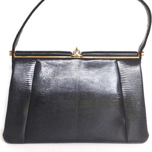 Vintage 50s Exquisite Black Lizard Skin Handbag By Waldybag-Vintage Handbag, Exotic Skins-Brand Spanking Vintage