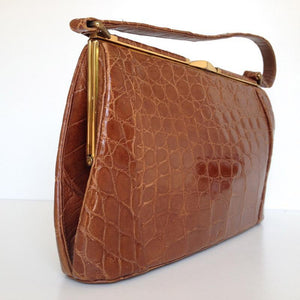 Vintage 50s Exquisite Caramel Crocodile Skin Bag w/ Matching Coin Purse And Mirror By Fassbender-Vintage Handbag, Exotic Skins-Brand Spanking Vintage