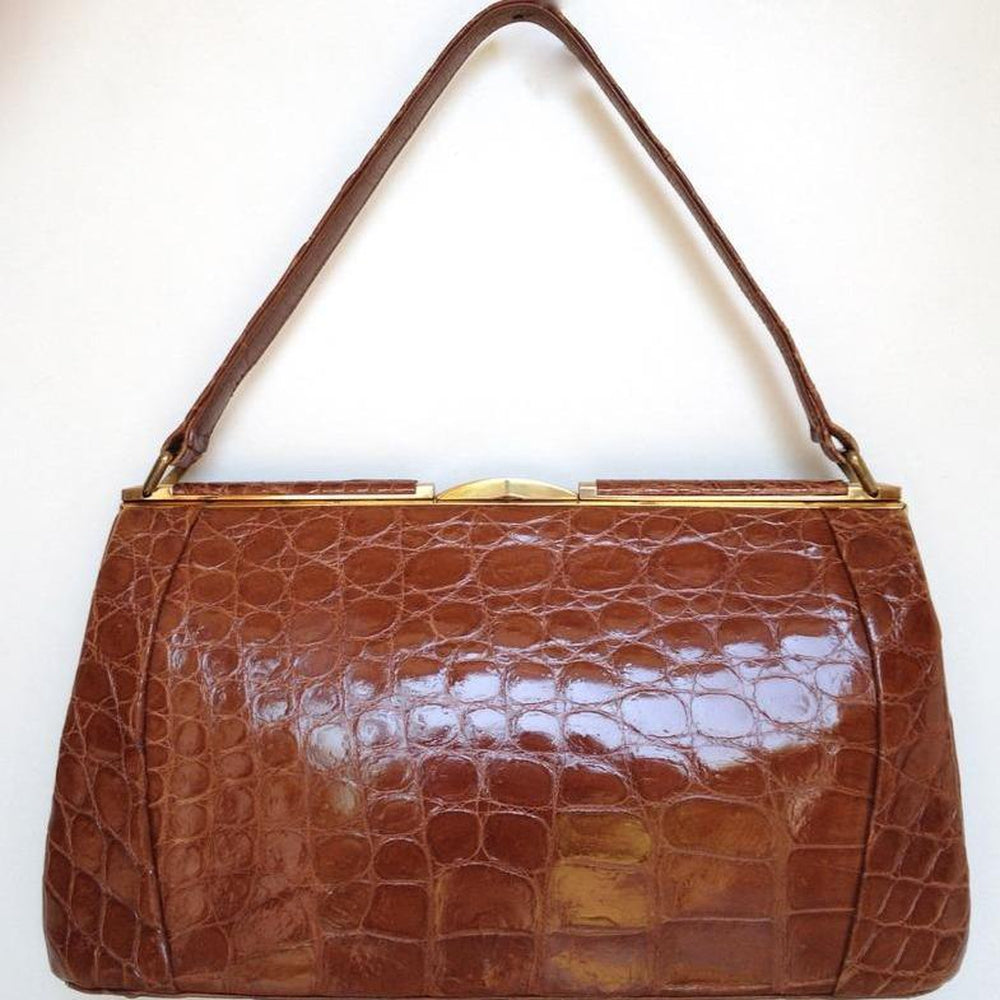Vintage 50s Exquisite Caramel Crocodile Skin Bag w/ Matching Coin Purse And Mirror By Fassbender-Vintage Handbag, Exotic Skins-Brand Spanking Vintage
