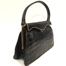 Load image into Gallery viewer, Vintage 50s Glamorous Large Glossy Black Crocodile Skin Handbag/Evening Bag w/ Elegant Gilt/Metal Curved Top Bar-Vintage Handbag, Exotic Skins-Brand Spanking Vintage
