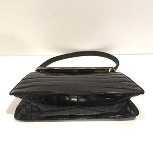 Vintage 50s Glamorous Large Glossy Black Crocodile Skin Handbag/Evening Bag w/ Elegant Gilt/Metal Curved Top Bar-Vintage Handbag, Exotic Skins-Brand Spanking Vintage