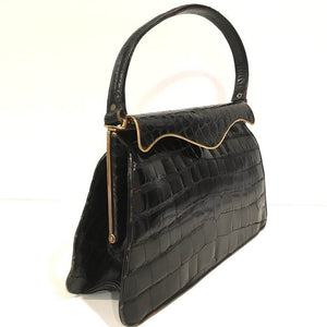 Vintage 50s Glamorous Large Glossy Black Crocodile Skin Handbag/Evening Bag w/ Elegant Gilt/Metal Curved Top Bar-Vintage Handbag, Exotic Skins-Brand Spanking Vintage