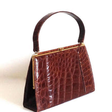 Load image into Gallery viewer, Vintage 50s Glossy Brown Crocodile Skin Top Handle Bag By Bagcraft By Royal Appointment-Vintage Handbag, Exotic Skins-Brand Spanking Vintage
