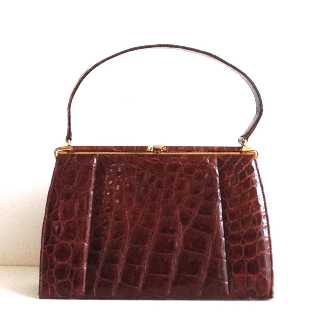 vintage 50s glossy brown crocodile skin kelly bag by bagcraft by royal appointment vintage handbag exotic