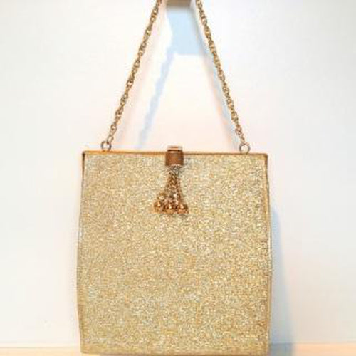 Vintage 50s Gold Lurex Evening Bag w/ Oyster Satin Lining And Dainty Gilt Clasp-Vintage Handbag, Evening Bag-Brand Spanking Vintage