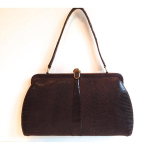 Vintage 50s Large Dark Chocolate Brown Lizard Skin Flagship Handbag From Mappin & Webb-Vintage Handbag, Exotic Skins-Brand Spanking Vintage