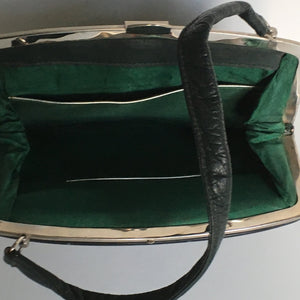 Vintage 50s leather dolly bag, leather purse, in bottle green leather with silver grey lucite trim and emerald green lining-Vintage Handbag, Dolly Bag-Brand Spanking Vintage