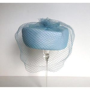Vintage 50s Pale Blue Chiffon Classic Pill Box Hat w/ Rear Bow And Full Net Veil By Barnett Hand Made In Britain-Accessories, For Her-Brand Spanking Vintage