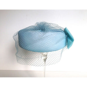 Vintage 50s Pale Blue Chiffon Classic Pill Box Hat w/ Rear Bow And Full Net Veil By Barnett Hand Made In Britain-Accessories, For Her-Brand Spanking Vintage