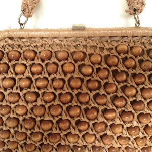Vintage 50s Raffia And Wooden Bead Handbag In Caramel-Vintage Handbag, Dolly Bag-Brand Spanking Vintage