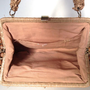 Vintage 50s Raffia And Wooden Bead Handbag In Caramel-Vintage Handbag, Dolly Bag-Brand Spanking Vintage