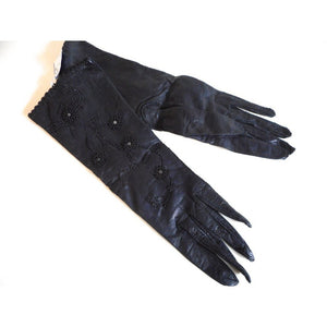 Vintage 50s Unused Navy Beaded Leather Silk Lined Evening/Occasion Gloves From The USA-Accessories, For Her-Brand Spanking Vintage