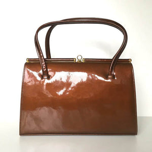 Vintage 50s/60s Fabulous Bronze Patent Leather Bag w/ Dainty Gilt Kisslock Clasp By Maclaren In Original Box-Vintage Handbag, Kelly Bag-Brand Spanking Vintage