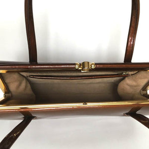 Vintage 50s/60s Fabulous Bronze Patent Leather Bag w/ Dainty Gilt Kisslock Clasp By Maclaren In Original Box-Vintage Handbag, Kelly Bag-Brand Spanking Vintage
