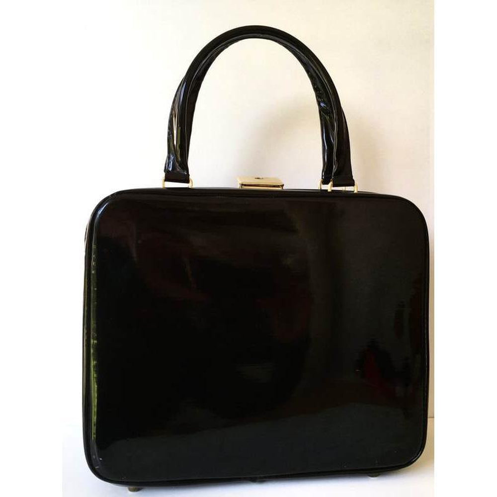 Vintage 50s/60s Ladies Box Bag/Vanity/Overnight Case/Briefcase In Black Patent w/ Scarlet Lining-Vintage Handbag, Large Handbag-Brand Spanking Vintage