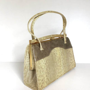 Vintage 50s/60s Leather Faux Snakeskin Handbag In Cream/Gold w/ Grey/Taupe Patent By Holmes of Norwich-Vintage Handbag, Kelly Bag-Brand Spanking Vintage