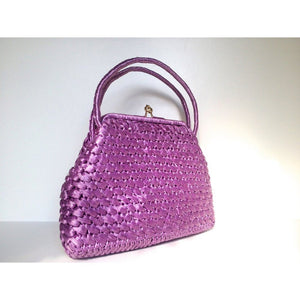 Vintage 50s/60s Stylish Dolce Vita Style Raffia Handbag w/ Top Handles And Gilt Clasp In Vivid Lilac/Lavender-Vintage Handbag, Dolly Bag-Brand Spanking Vintage