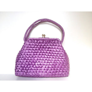 Vintage 50s/60s Stylish Dolce Vita Style Raffia Handbag w/ Top Handles And Gilt Clasp In Vivid Lilac/Lavender-Vintage Handbag, Dolly Bag-Brand Spanking Vintage