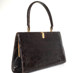 Vintage 50s/60s Superb Dark Chocolate Crocodile Skin Slim Top Handle Bag Made In France-Vintage Handbag, Exotic Skins-Brand Spanking Vintage