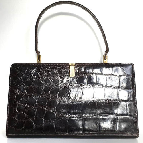 Vintage 50s/60s Superb Dark Chocolate Crocodile Skin Slim Top Handle Bag Made In France-Vintage Handbag, Exotic Skins-Brand Spanking Vintage