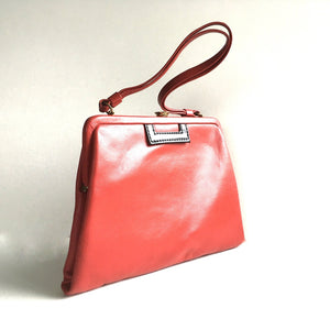 SOLD Vintage 60s 70s Leather Bag, Kelly Bag in Lipstick Red Leather w/ Black Patent Trim By Debonair-Vintage Handbag, Kelly Bag-Brand Spanking Vintage