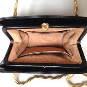 Vintage 60s Black Patent Leather Dainty Little Handbag w/ Short Twisted Gilt Snake Chain Handles Made In England By Wiklorbag-Vintage Handbag, Clutch Bag-Brand Spanking Vintage