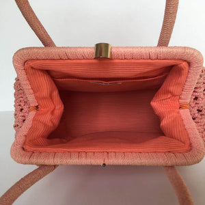 Vintage 60s Crocheted Raffia Style Gilt Clasp Handbag, Dolly Bag, Pinky Peach, Orange Made In Italy, w/ Long Ruched Orange Nylon Gloves-Vintage Handbag, Dolly Bag-Brand Spanking Vintage