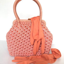 Load image into Gallery viewer, Vintage 60s Crocheted Raffia Style Gilt Clasp Handbag, Dolly Bag, Pinky Peach, Orange Made In Italy, w/ Long Ruched Orange Nylon Gloves-Vintage Handbag, Dolly Bag-Brand Spanking Vintage
