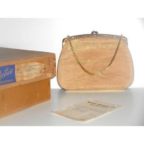 Vintage 60s Gold Mesh Fabric And Gold Leather Evening Bag By Bective w/ Original Box And Receipt-Vintage Handbag, Evening Bag-Brand Spanking Vintage