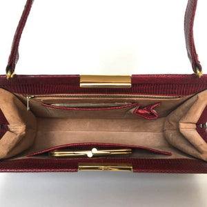 Vintage 60s/70s Classic Lizard Skin Handbag In Dark Raspberry Red w/ Matching Coin Purse By Mappin & Webb-Vintage Handbag, Exotic Skins-Brand Spanking Vintage