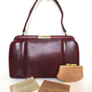 Vintage 60s/70s Classic Lizard Skin Handbag In Dark Raspberry Red w/ Matching Coin Purse By Mappin & Webb-Vintage Handbag, Exotic Skins-Brand Spanking Vintage