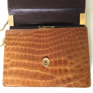SALE Vintage 60s/70s Dainty Caramel Crocodile And Leather Shoulder Bag w/ Gilt Trim And Long Chain-Vintage Handbag, Exotic Skins-Brand Spanking Vintage