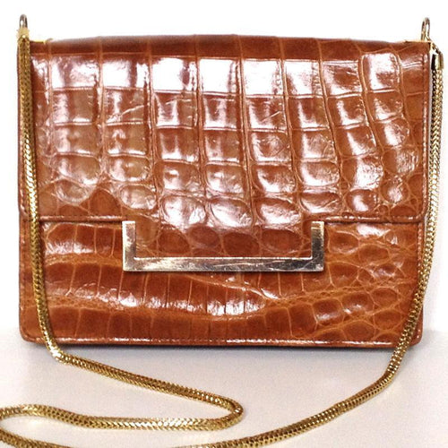 SALE Vintage 60s/70s Dainty Caramel Crocodile And Leather Shoulder Bag w/ Gilt Trim And Long Chain-Vintage Handbag, Exotic Skins-Brand Spanking Vintage