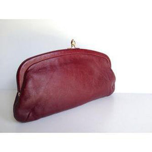 Vintage 70s Burgundy Red Leather Simple Clutch Bag w/ Gilt Clasp-Vintage Handbag, Clutch Bag-Brand Spanking Vintage
