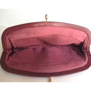 Vintage 70s Burgundy Red Leather Simple Clutch Bag w/ Gilt Clasp-Vintage Handbag, Clutch Bag-Brand Spanking Vintage