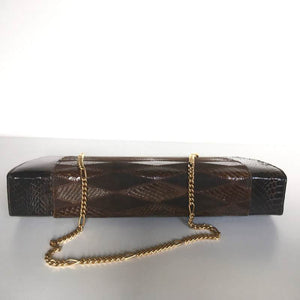Vintage 70s Clutch Bag In Snake, Suede Leather And Lizard Skin, A Harlequin Patchwork Clutch Bag w/ Optional Gilt Chain In Rich Chocolate Browns-Vintage Handbag, Exotic Skins-Brand Spanking Vintage