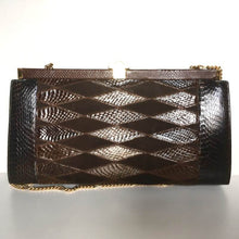 Load image into Gallery viewer, Vintage 70s Clutch Bag In Snake, Suede Leather And Lizard Skin, A Harlequin Patchwork Clutch Bag w/ Optional Gilt Chain In Rich Chocolate Browns-Vintage Handbag, Exotic Skins-Brand Spanking Vintage
