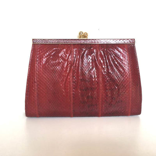 Vintage 70s Dainty Deep Red Snakeskin Clutch Bag, w/ Gilt Kisslock Clasp And Optional Snake Shoulder Chain By Cano-Vintage Handbag, Exotic Skins-Brand Spanking Vintage