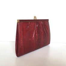 Load image into Gallery viewer, Vintage 70s Dainty Deep Red Snakeskin Clutch Bag, w/ Gilt Kisslock Clasp And Optional Snake Shoulder Chain By Cano-Vintage Handbag, Exotic Skins-Brand Spanking Vintage
