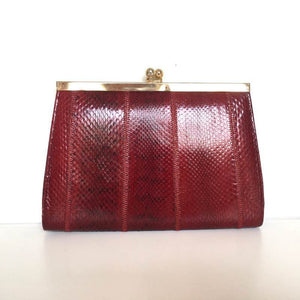 Vintage 70s Dainty Deep Red Snakeskin Clutch Bag, w/ Gilt Kisslock Clasp And Optional Snake Shoulder Chain By Cano-Vintage Handbag, Exotic Skins-Brand Spanking Vintage