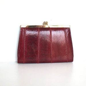 Vintage 70s Dainty Deep Red Snakeskin Clutch Bag, w/ Gilt Kisslock Clasp And Optional Snake Shoulder Chain By Cano-Vintage Handbag, Exotic Skins-Brand Spanking Vintage