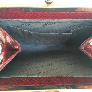 Vintage 70s Dainty Deep Red Snakeskin Clutch Bag, w/ Gilt Kisslock Clasp And Optional Snake Shoulder Chain By Cano-Vintage Handbag, Exotic Skins-Brand Spanking Vintage