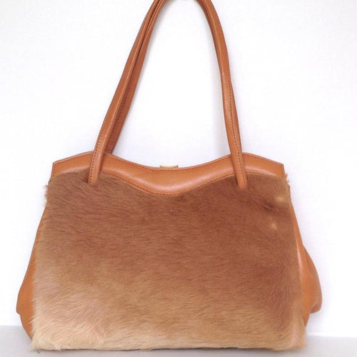 Vintage 70s Large Kangaroo Fur And Leather Pristine Twin Handled Handbag By M&H Levy Pty Sydney Australia-Vintage Handbag, Exotic Skins-Brand Spanking Vintage