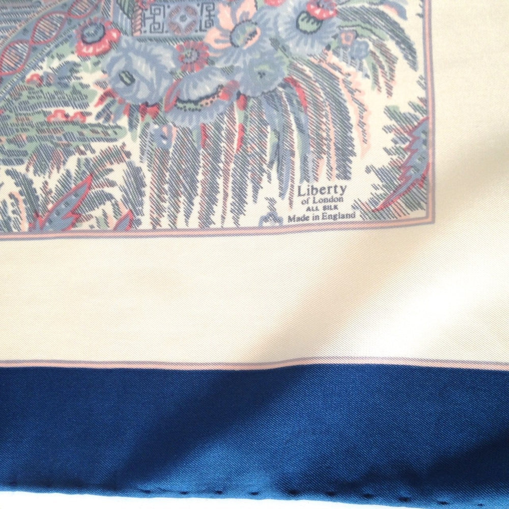 Vintage 70s Large Silk Scarf In Delicate Shades Of Blue/Pink On A Cream Background By Liberty Of London-Scarves-Brand Spanking Vintage