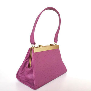 Vintage 70s Pink Leather Tiny Bag, Top Handle Bag, w/ Lift Up Double Gilt Clasp, In Faux Ostrich Leather And Suede Lining By Degree-Vintage Handbag, Kelly Bag-Brand Spanking Vintage