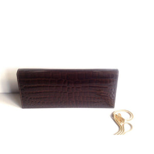 Vintage 70s Slim Chocolate Brown Alligator Skin Clutch/Chain Handle Bag Made In Spain-Vintage Handbag, Exotic Skins-Brand Spanking Vintage