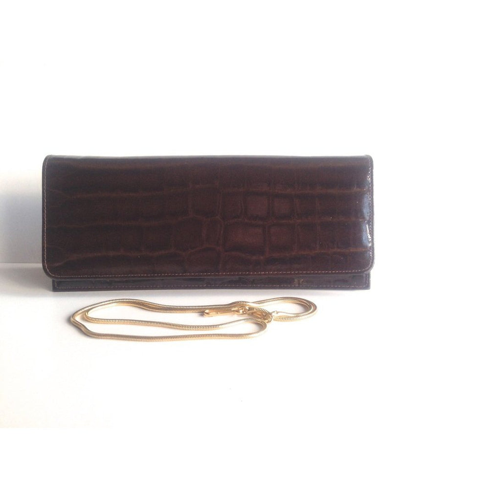 Vintage 70s Slim Chocolate Brown Alligator Skin Clutch/Chain Handle Bag Made In Spain-Vintage Handbag, Exotic Skins-Brand Spanking Vintage