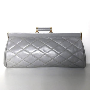 Vintage 70s/80s Elegant Grey Leather Quilted Clutch Bag w/ Dainty Barrel Leather And Gilt Clasp And Optional Fold Out Chain By Jane Shilton-Vintage Handbag, Clutch Bag-Brand Spanking Vintage