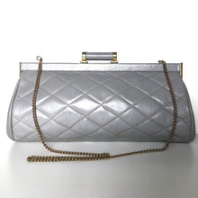 Load image into Gallery viewer, Vintage 70s/80s Elegant Grey Leather Quilted Clutch Bag w/ Dainty Barrel Leather And Gilt Clasp And Optional Fold Out Chain By Jane Shilton-Vintage Handbag, Clutch Bag-Brand Spanking Vintage
