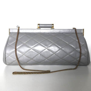 Vintage 70s/80s Elegant Grey Leather Quilted Clutch Bag w/ Dainty Barrel Leather And Gilt Clasp And Optional Fold Out Chain By Jane Shilton-Vintage Handbag, Clutch Bag-Brand Spanking Vintage